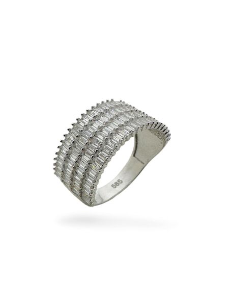 Dört Sıra Baget Zirkon Pırlanta Montür Yarım Tur Beyaz Altın Yüzük