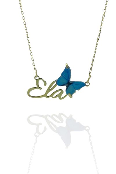 Altın Kaplama Üç Boyut Kelebek İsimli Özel 925 Gümüş Kolye