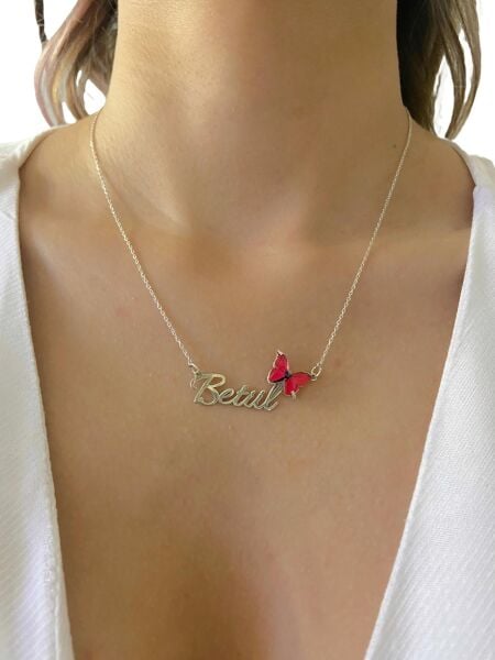 Üç Boyut Kırmızı Kelebek İsim Yazılı Özel 925 Gümüş Kolye