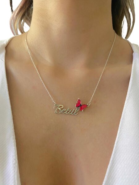 Üç Boyut Kırmızı Kelebek İsim Yazılı Özel 925 Gümüş Kolye