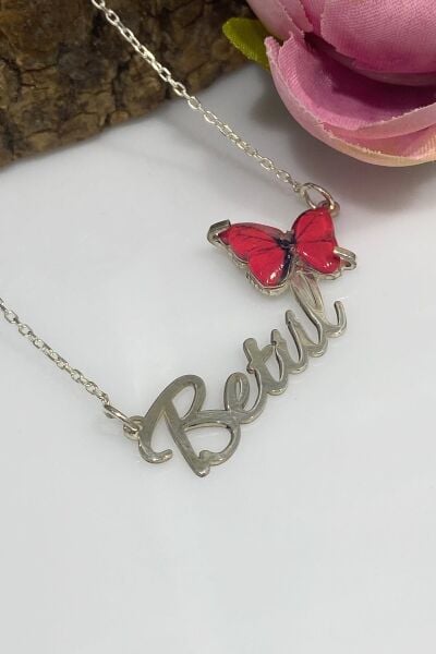 Üç Boyut Kırmızı Kelebek İsim Yazılı Özel 925 Gümüş Kolye