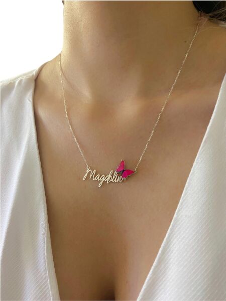 Üç Boyutlu Kırmızı Kelebek Özel Font İsim Yazılı 925 Gümüş Kolye