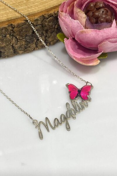 Üç Boyutlu Kırmızı Kelebek Özel Font İsim Yazılı 925 Gümüş Kolye