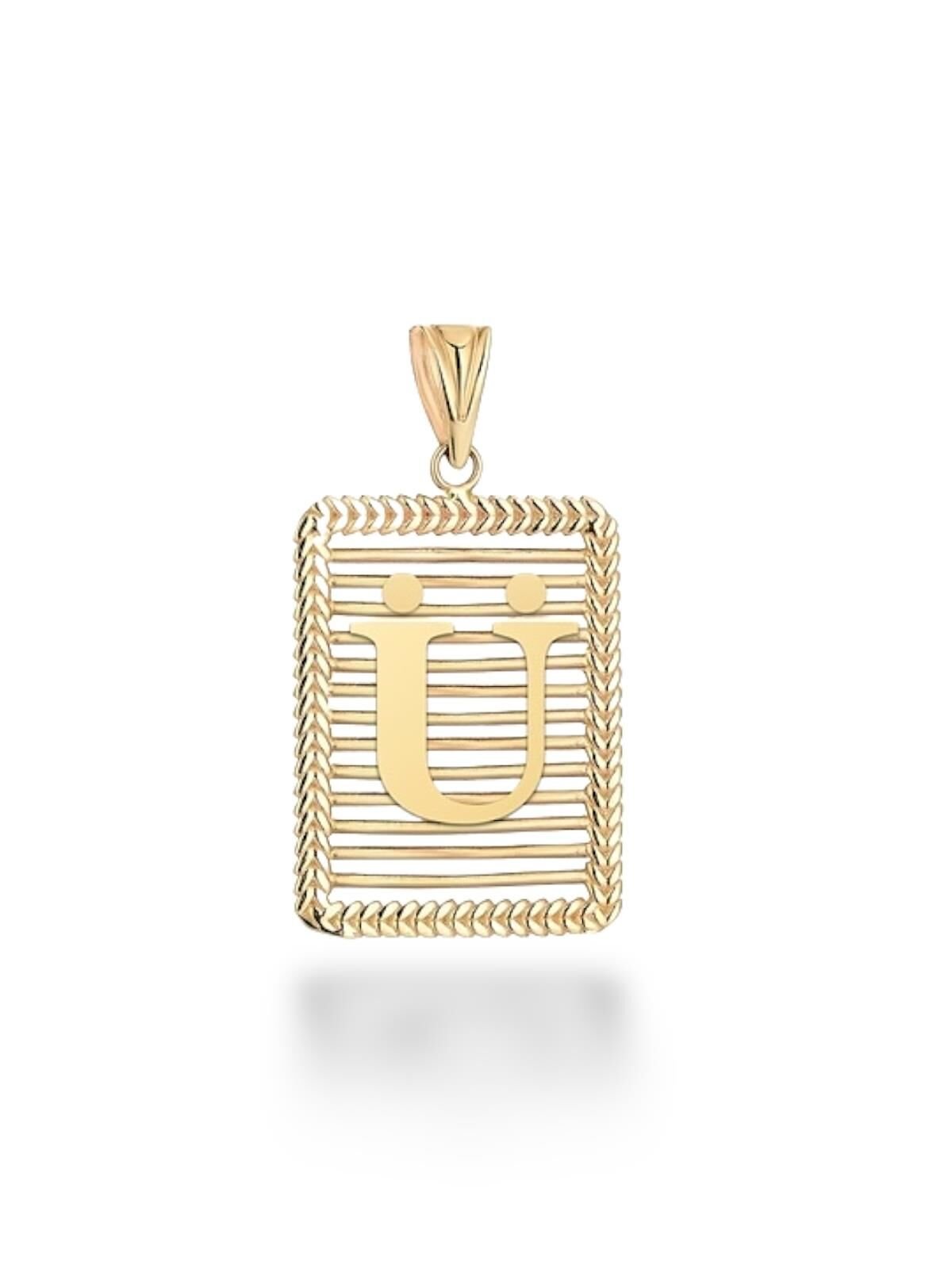 ü Harfi Taşsız Izgara Modeli 14 Ayar Altın Harfli Kolye Ucu Uç