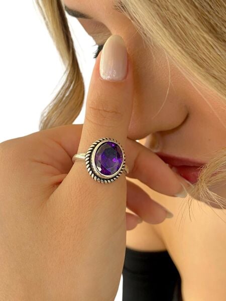 925 Ayar Oval Ametist Taş Otantik Üst Kalite Gümüş Yüzük