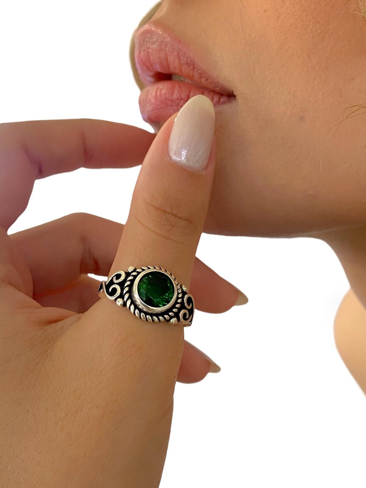 925 Ayar Zümrüt Taş Otantik Üst Kalite Gümüş Yüzük