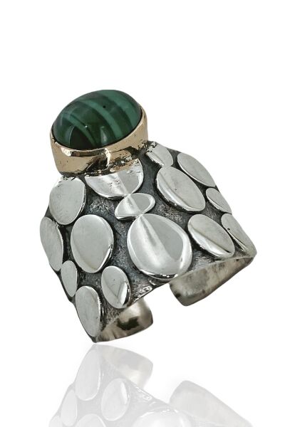 Doğal Malahit Malakit Taş El Üretim Otantik 925 Gümüş Yüzük