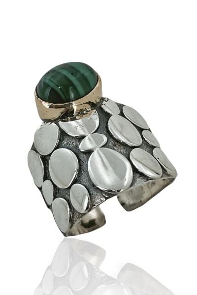 Doğal Malahit Malakit Taş El Üretim Otantik 925 Gümüş Yüzük