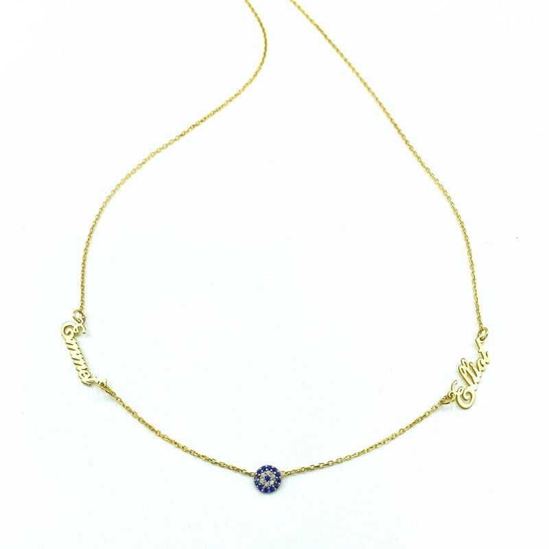 Altın Kaplama İki İsim Ortası Minik Nazar 925 Gümüş Kolye