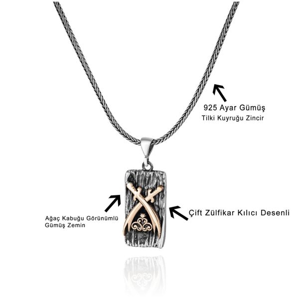 Çift Zülfikar Kılınç Hz.Ali 60 cm 925 Gümüş Kolye