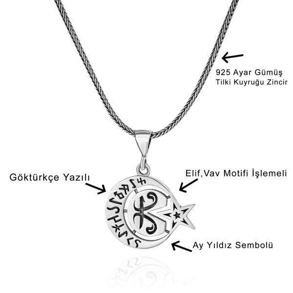 Göktürkçe Harfli Elif Vav Ay Yıldız 60 cm 925 Gümüş Kolye