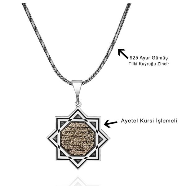 Davut Yıldızı Ayetel Kürsi Yazılı 60 cm 925 Gümüş Kolye