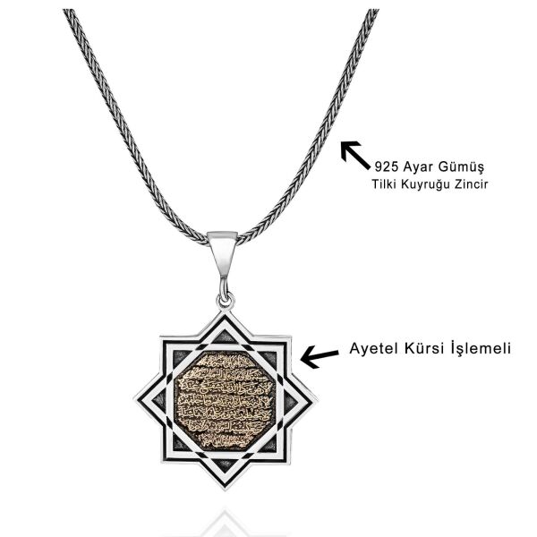 Davut Yıldızı Ayetel Kürsi Yazılı 60 cm 925 Gümüş Kolye