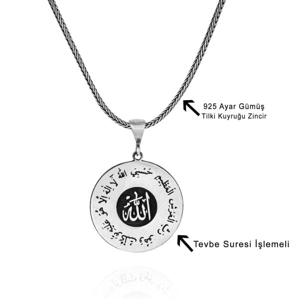 Allah Yazılı Tevbe Suresi İşlemeli 60 cm 925 Gümüş Kolye