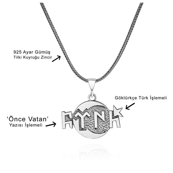 Göktürkçe Türk Yazılı Ayyıldız 60 cm 925 Gümüş Kolye