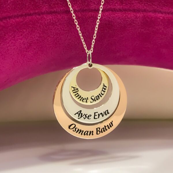 Üç 3 İsim Yuvarlak Altın Rosegold Gümüş İsimli Aile Kolyesi