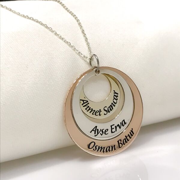 Üç 3 İsim Yuvarlak Altın Rosegold Gümüş İsimli Aile Kolyesi