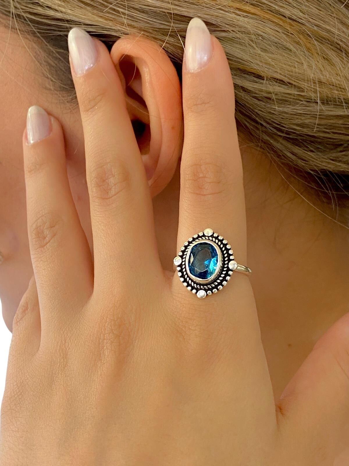 Aquamarine Taş Otantik Üst Kalite 925 Ayar  Gümüş Yüzük