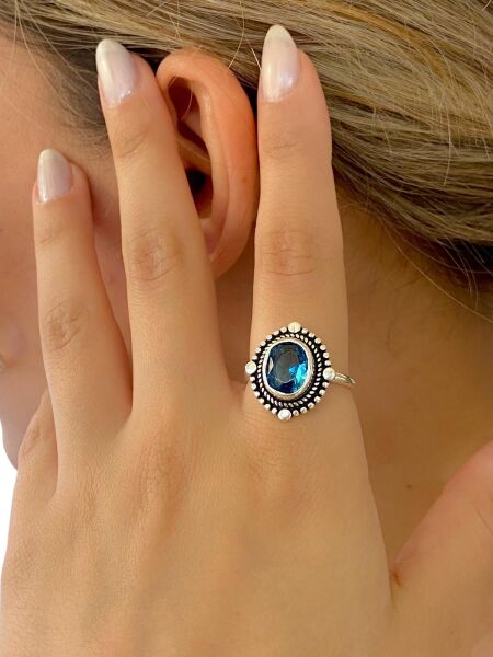 Aquamarine Taş Otantik Üst Kalite 925 Ayar  Gümüş Yüzük