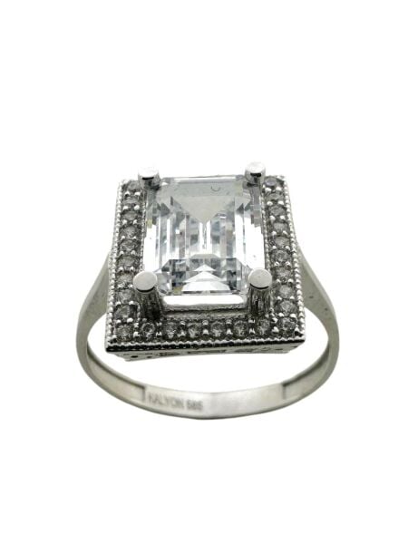 Büyük Baget Taşlı Beyaz Altın 14 Ayar Yüzük