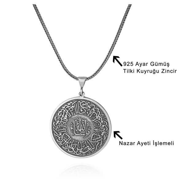 34 mm çap Nazar Ayeti Dualı Madalyon 60 cm 925 Gümüş Kolye