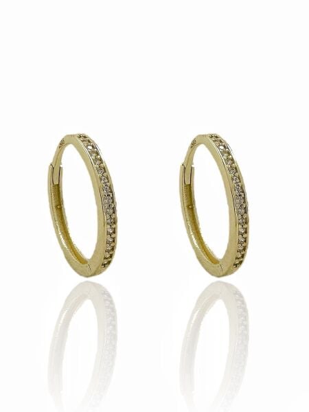 Tek Sıra Taşlı Günlük Gizli Kilit 20 mm 14 Ayar Altın Halka Küpe