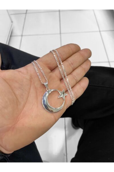 Büyük Boy Ayyıldız Figaro 60 cm Zincir Gümüş Kolye