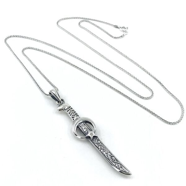 Tilki Kuyruğu Zincir Ay Yıldız Bıçak Gümüş Erkek Kolye