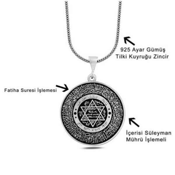 Fatiha Suresi Davut Yıldızı İşlemeli 60 cm 925 Gümüş Kolye