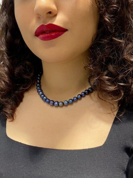 MaGümüş Siyah İnci 9 mm Kolye Küpe Set 925 Gümüş