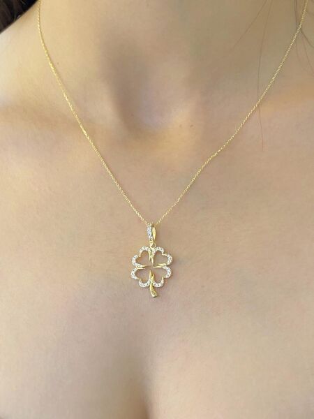 Zirkon Taş Yonca Altın Kolye 8 Ayar