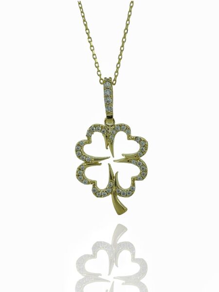 Zirkon Taş Yonca Altın Kolye 8 Ayar