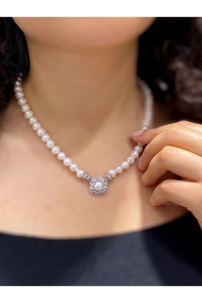 Altın Modeli İnci Kolye Küpe Set 925 Gümüş Takım