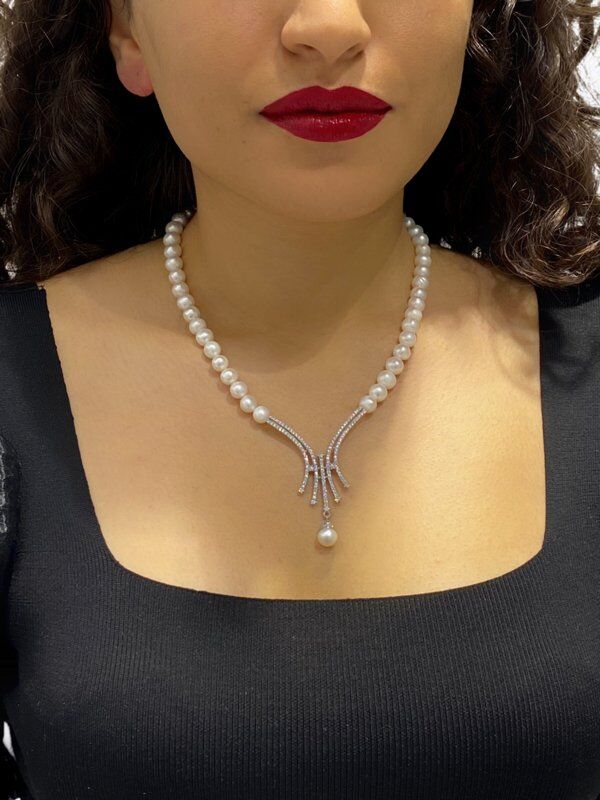 Gösterişli Damla İncili Sallantı Suyolu İnci Gerdanlık Gümüş Kolye