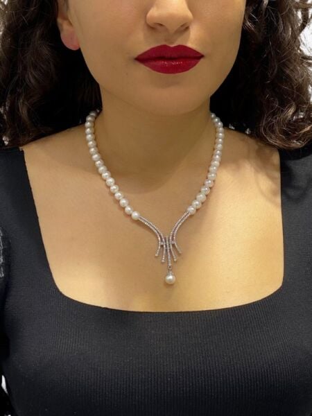 Gösterişli Damla İncili Sallantı Suyolu İnci Gerdanlık Gümüş Kolye