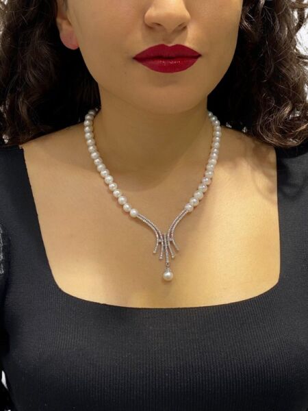 Gösterişli Damla İncili Sallantı Suyolu İnci Gerdanlık Gümüş Kolye