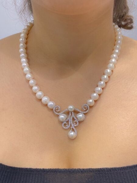 Altın Montür Gerçek İnci Gerdanlık 925 Gümüş Kolye