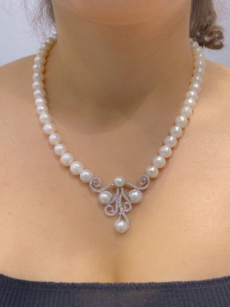 Altın Montür Gerçek İnci Gerdanlık 925 Gümüş Kolye