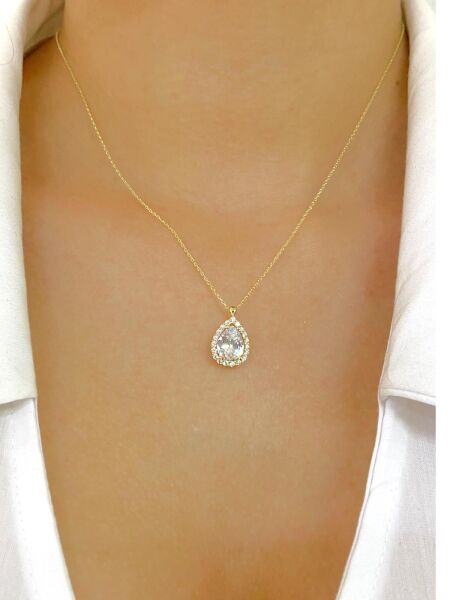 14 Ayar Altın Anturaj Beyaz Su Damlası Kolye