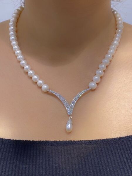 Yeni V Yaka Suyolu Damla Drop Taş İnci Gerdanlık Gümüş Kolye