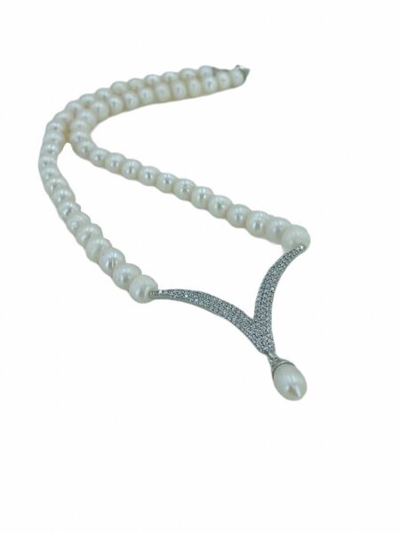 Yeni V Yaka Suyolu Damla Drop Taş İnci Gerdanlık Gümüş Kolye