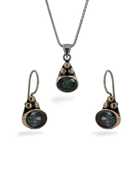 El Üretimi Mistik Topaz Taşlı Otantik 925 Ayar Gümüş Set Takım