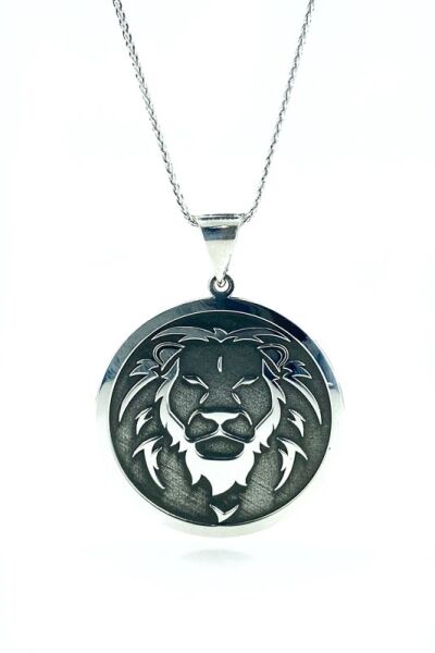 Aslan Başlı Büyük Madalyon 60 cm Uzun Zincirli 925 Gümüş Kolye