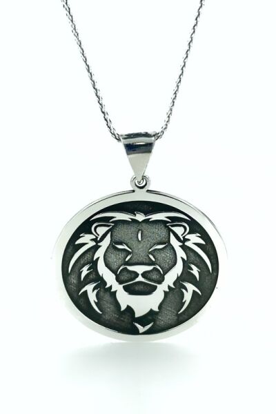 Aslan Başlı Büyük Madalyon 60 cm Uzun Zincirli 925 Gümüş Kolye