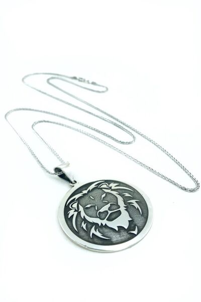 Aslan Başlı Büyük Madalyon 60 cm Uzun Zincirli 925 Gümüş Kolye