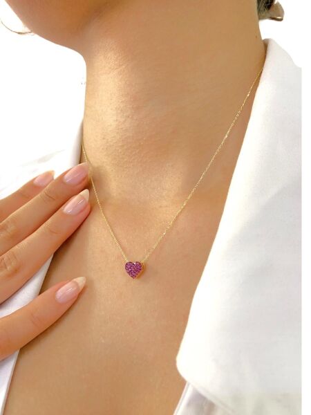 14 Ayar Altın Minik Kırmızı Kalp Kolye