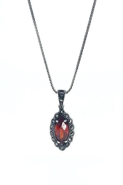 Mekik Kesim Markazit Kırmızı Gümüş Kolye